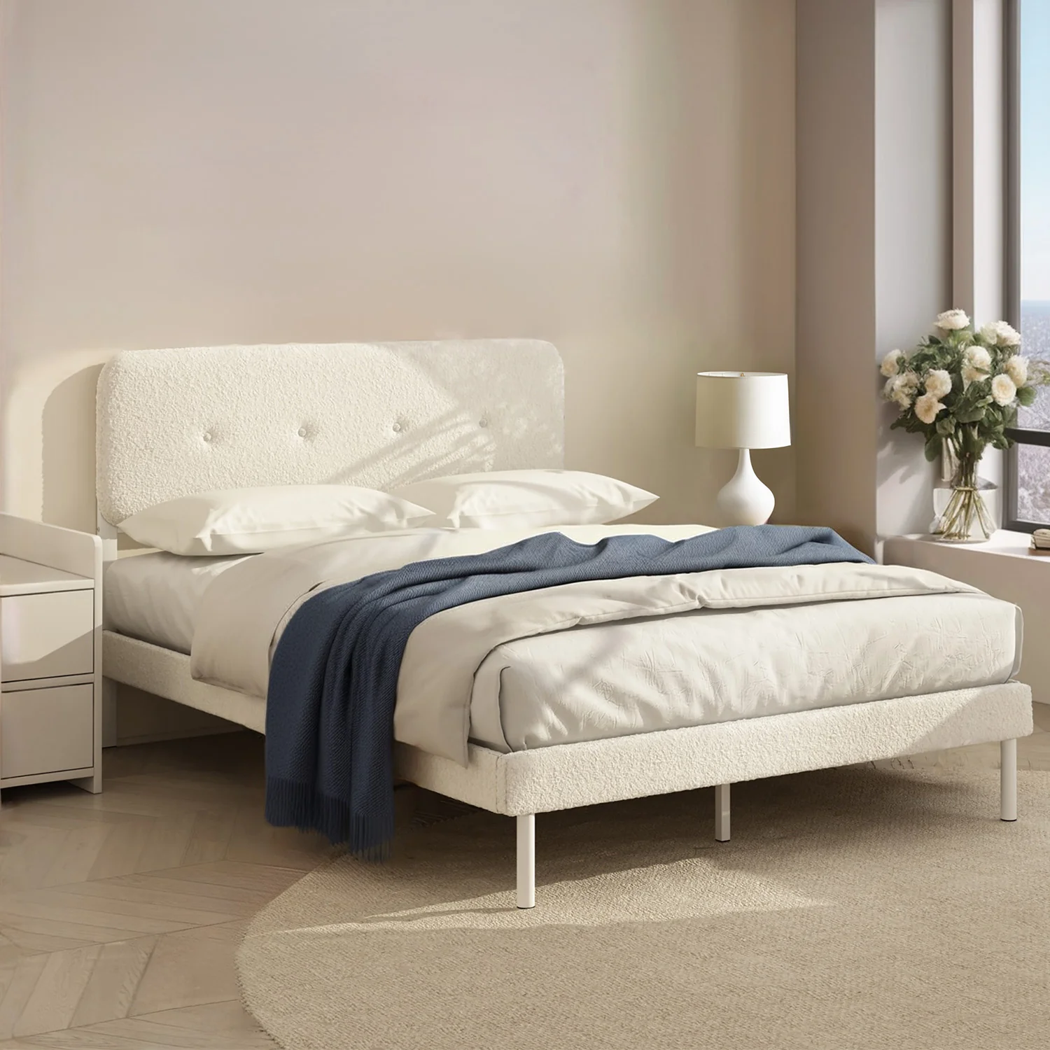 Selected Boucle Upholstered Bed Frame with Adjustable Headboard Under Bed Storage No Box Spring NeededBoucle Upholstered Bed Frame with Adjustable Headboard Under Bed Storage No Box Spring Needed Genuine
