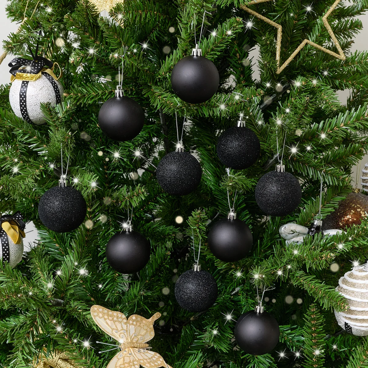 Smart Set of 10 Mixed Glitter Black Baubles – 6cm Versatile