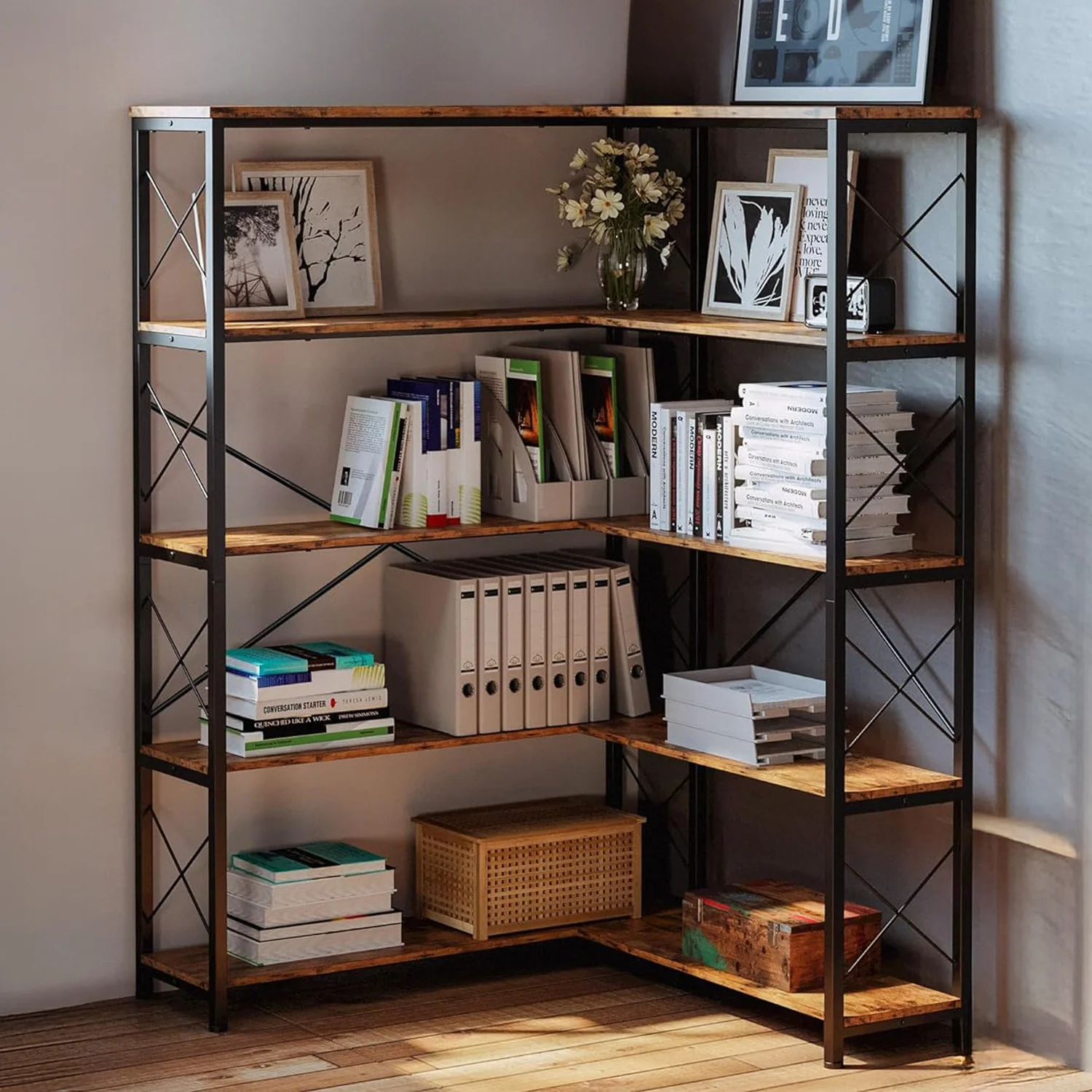 Durable Corner Bookshelf 5 Tiers 6 Tiers Industrial Bookcases Shelf Storage Rack with Metal FrameCorner Bookshelf 5 Tiers 6 Tiers Industrial Bookcases Shelf Storage Rack with Metal Frame Fashionable