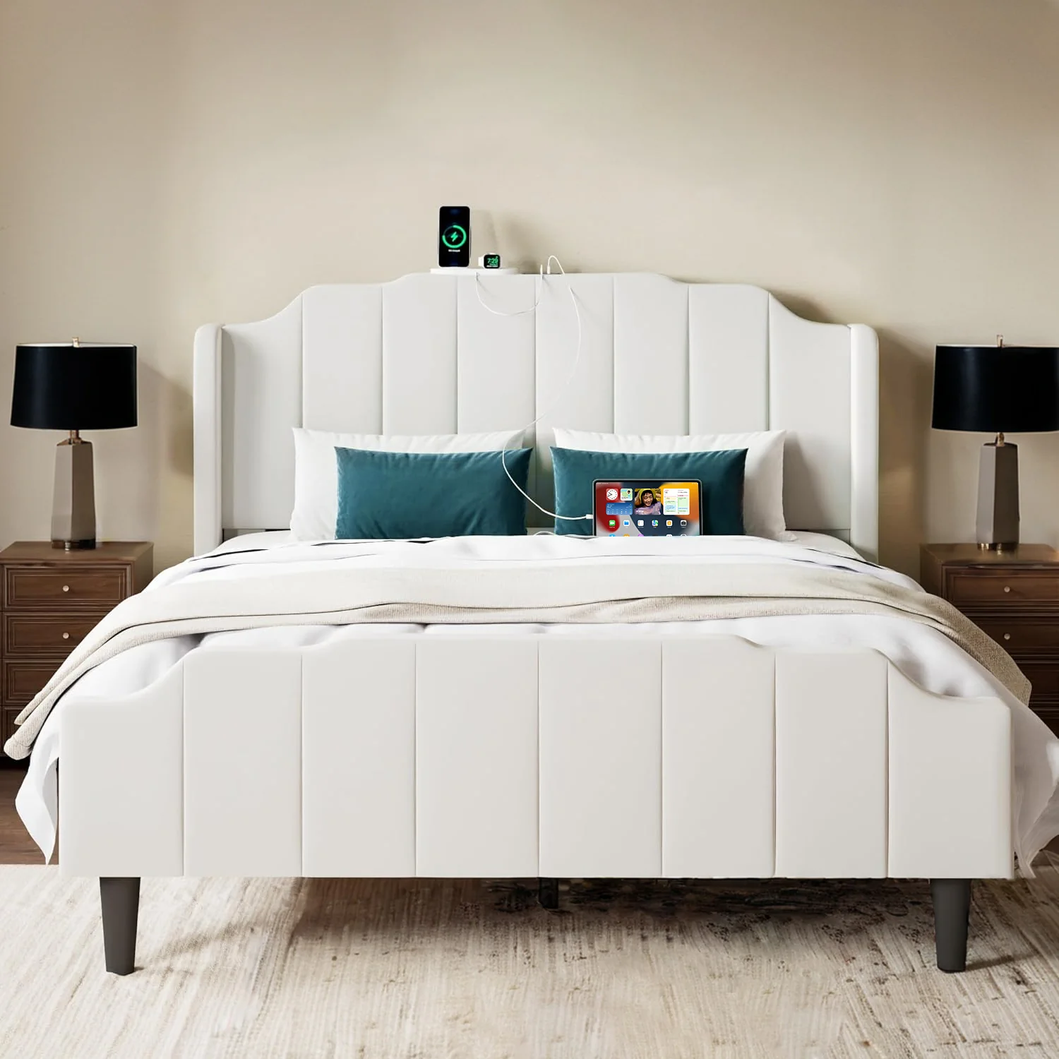 First-Class Velvet Bed Frame with Curved Vertical Tufted Wingback Headboard and Footboard Charging Station Under Bed StorageVelvet Bed Frame with Curved Vertical Tufted Wingback Headboard and Footboard Charging Station Under Bed Storage Professional