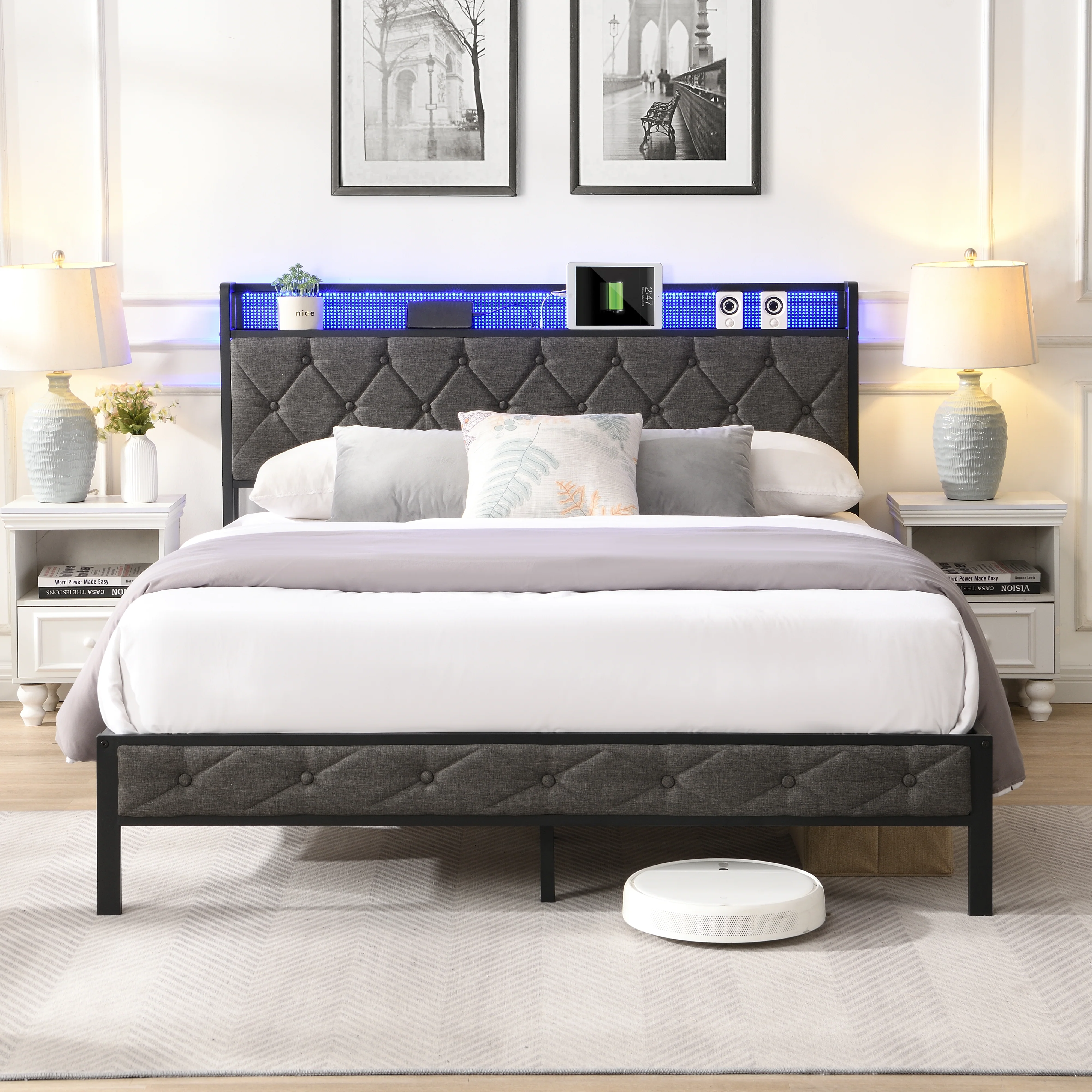 Relaxed Upholstered Platform Bed Frame with Storage Headboard Charging Station and LED Lights Dark GrayUpholstered Platform Bed Frame with Storage Headboard Charging Station and LED Lights Dark Gray Artisan