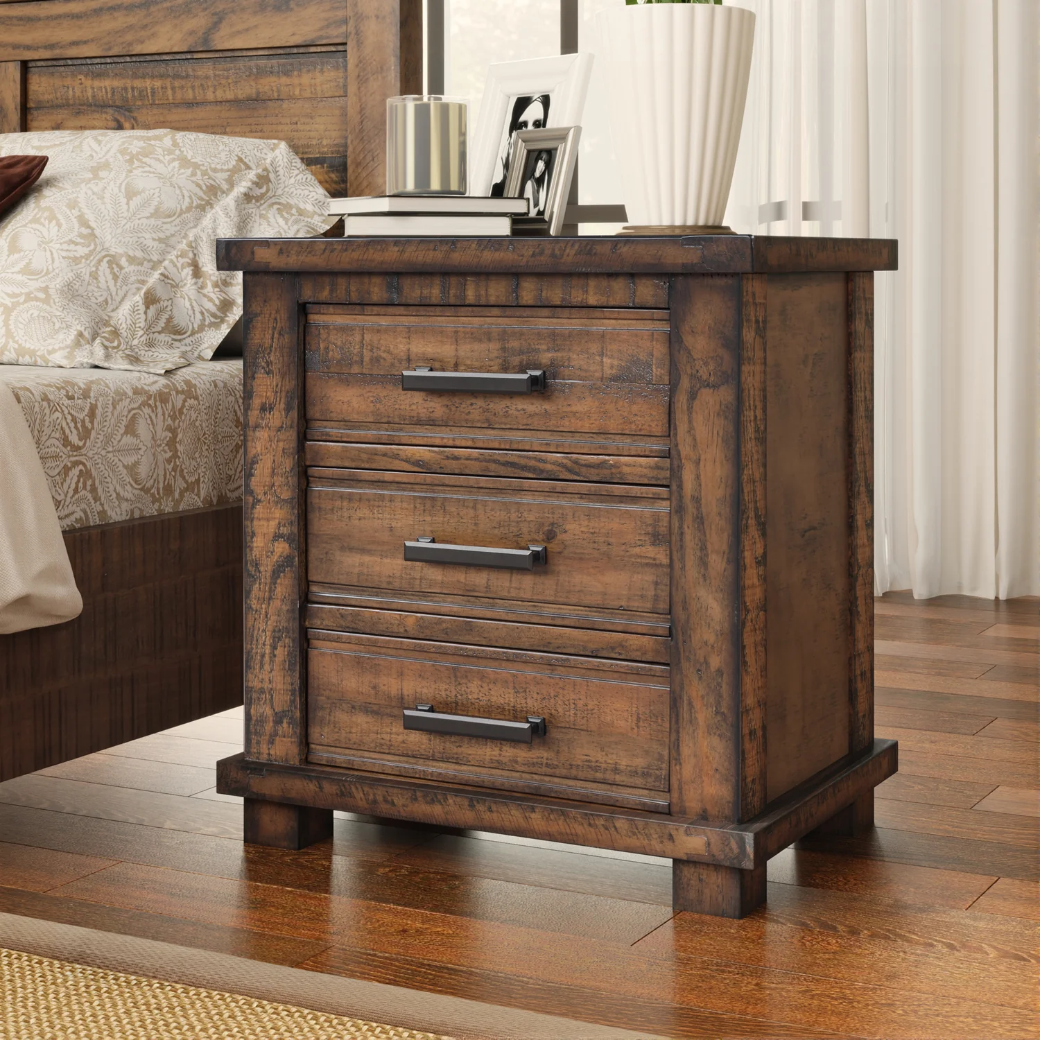 Relaxed Rustic Farmhouse Nightstand with 3 Drawers Reclaimed Solid Wood Bedside TableRustic Farmhouse Nightstand with 3 Drawers Reclaimed Solid Wood Bedside Table Top-Quality