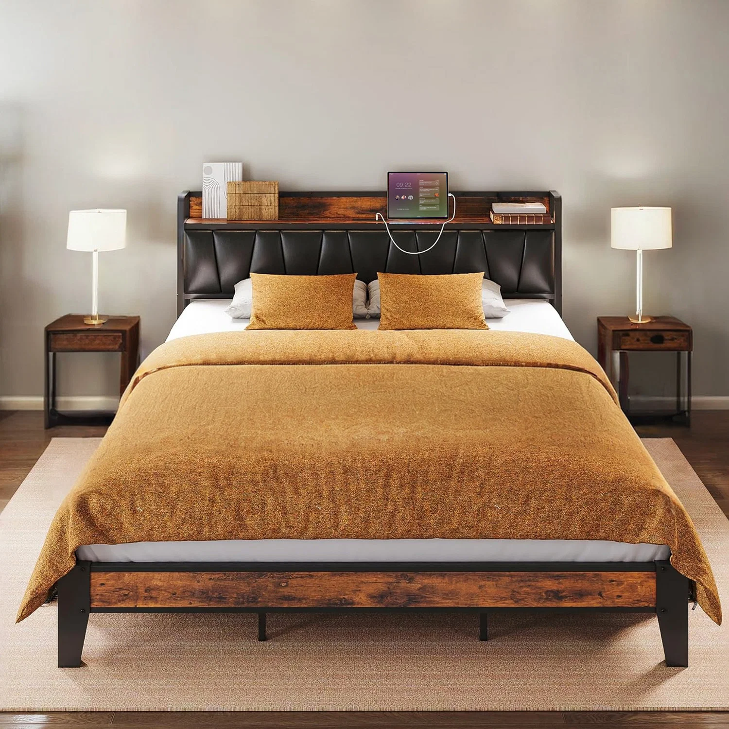 Stylish Upholstered Bed Frame California King Bed with Storage Headboard Charging StationUpholstered Bed Frame California King Bed with Storage Headboard Charging Station Outstanding