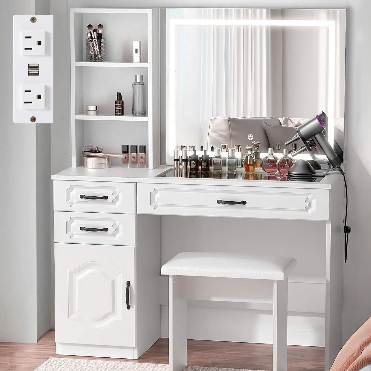 Top-Quality 45” L Vanity with Lighted Mirror with Glass Top Power Strip Drawers and Shelves 3 Color Lighting Modes Adjustable Brightness45” L Vanity with Lighted Mirror with Glass Top Power Strip Drawers and Shelves 3 Color Lighting Modes Adjustable Brightness Specialty