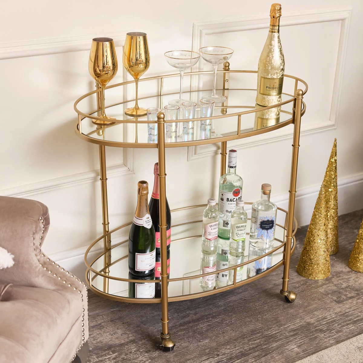 Professional Gold Mirrored Oval Drinks Trolley Clean