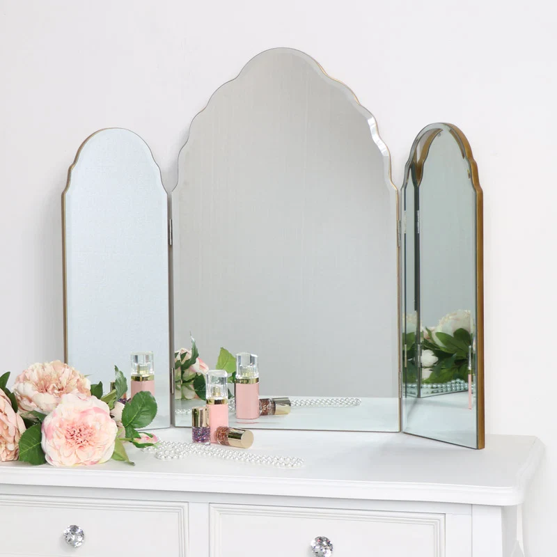 Solid Antique Gold Arched Triple Vanity Mirror 60cm x 72cm Flexible