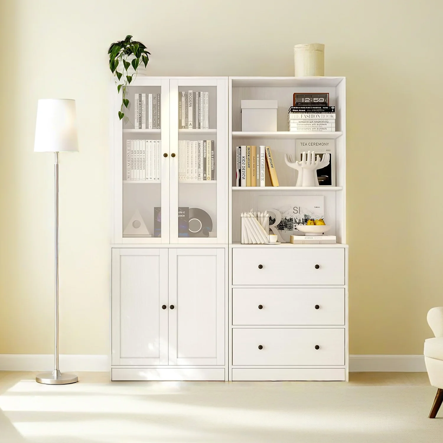Clean Combination Bookcase 2-Piece Set 71-inch Bookcase with Drawers Shelves 5-layer Storage Cabinet with Glass DoorsCombination Bookcase 2-Piece Set 71-inch Bookcase with Drawers Shelves 5-layer Storage Cabinet with Glass Doors Casual