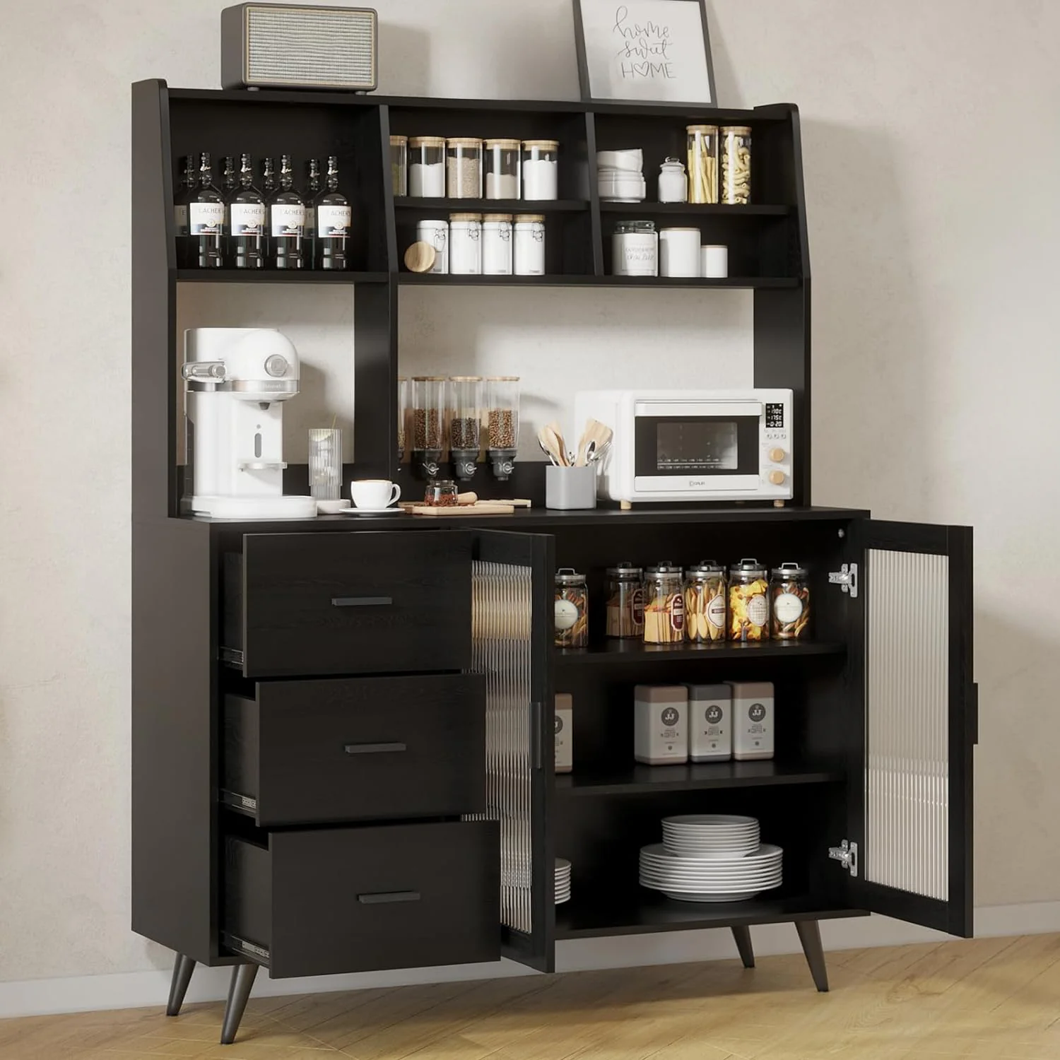 Secure standing Kitchen Sideboard Kitchen Pantry Cabinet with Microwave Shelf with Glass Door and 3 Drawersstanding Kitchen Sideboard Kitchen Pantry Cabinet with Microwave Shelf with Glass Door and 3 Drawers Detailed