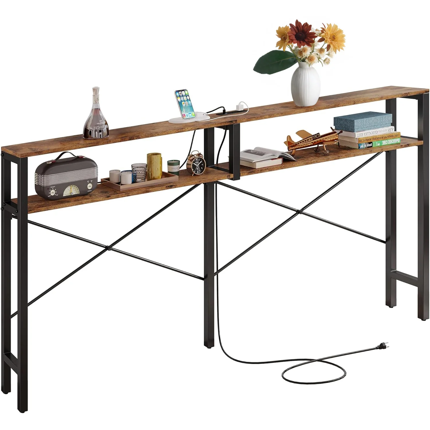Clean Industrial Console Table X-shaped Entryway Table Narrow Sofa Table with Power Outlet and ShelvesIndustrial Console Table X-shaped Entryway Table Narrow Sofa Table with Power Outlet and Shelves Breathable