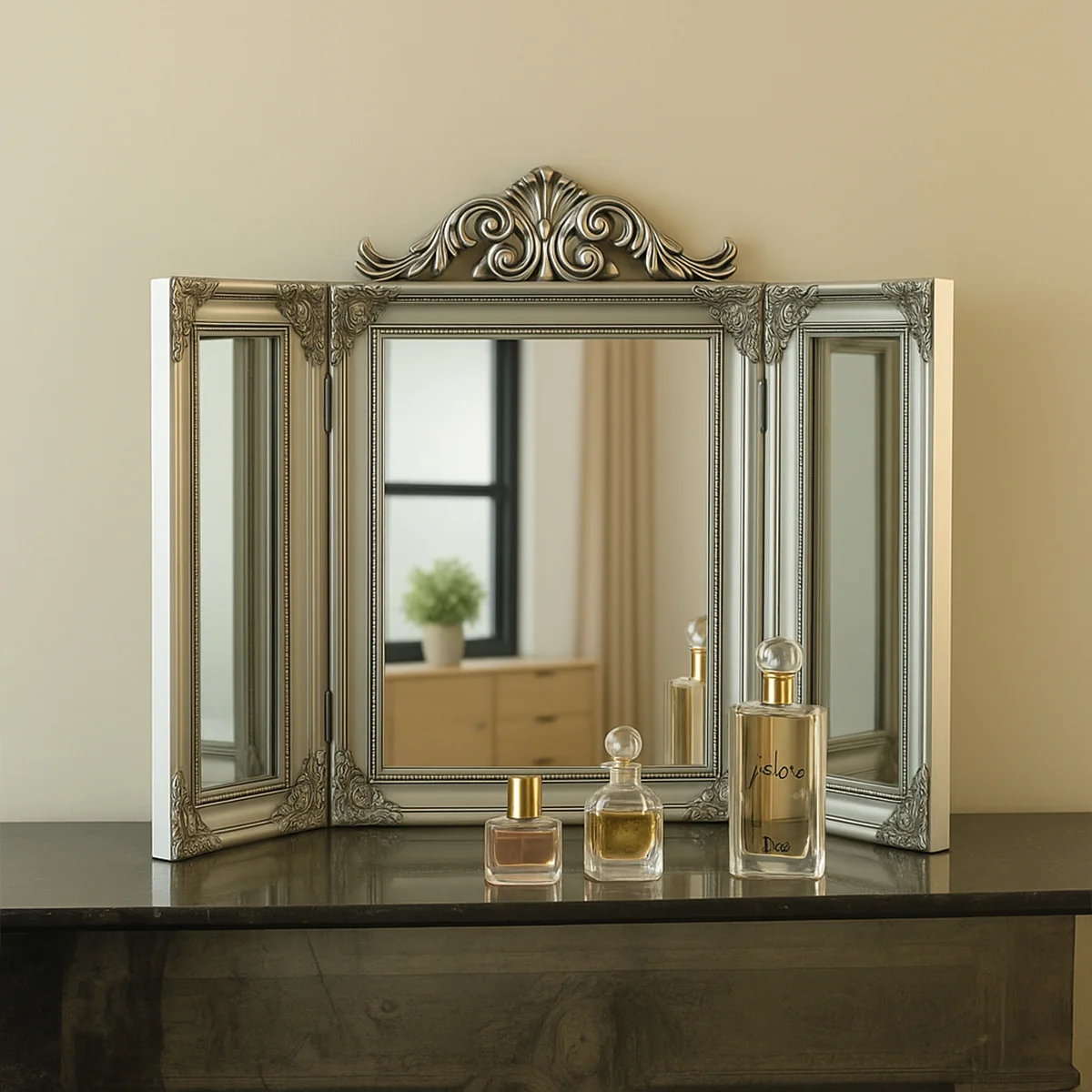 Effective Ornate Silver Dressing Table Triple Mirror Flexible