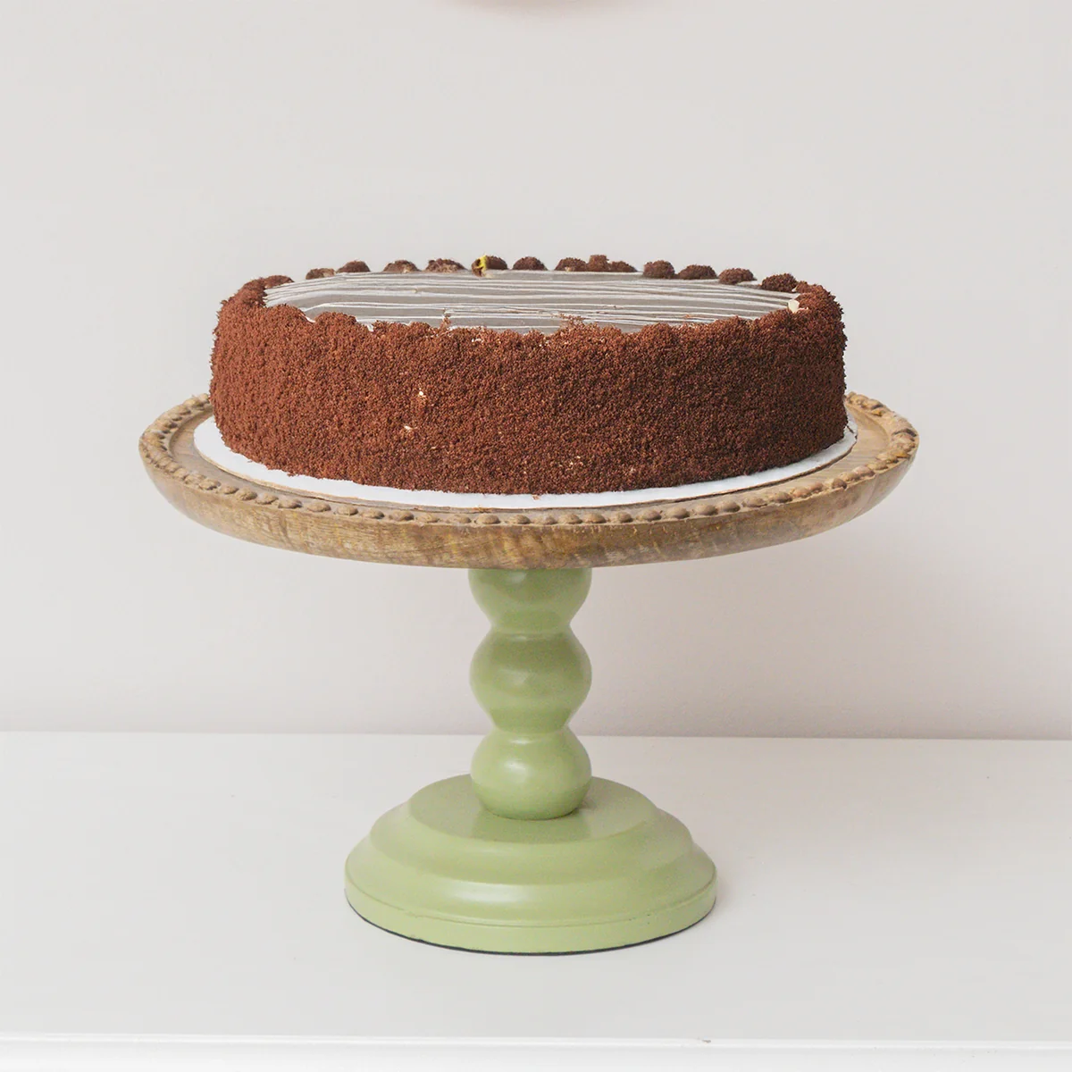 Trendy Round Sage Green Mango Wood Bobble Detail Cake Display Stand Proven