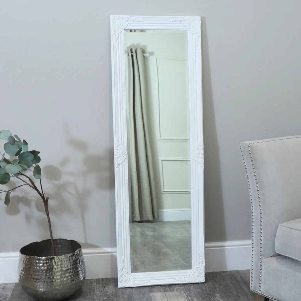 Modern Tall Long White Ornate Wall Leaner Mirror – 47cm x 142cm Eco-Friendly