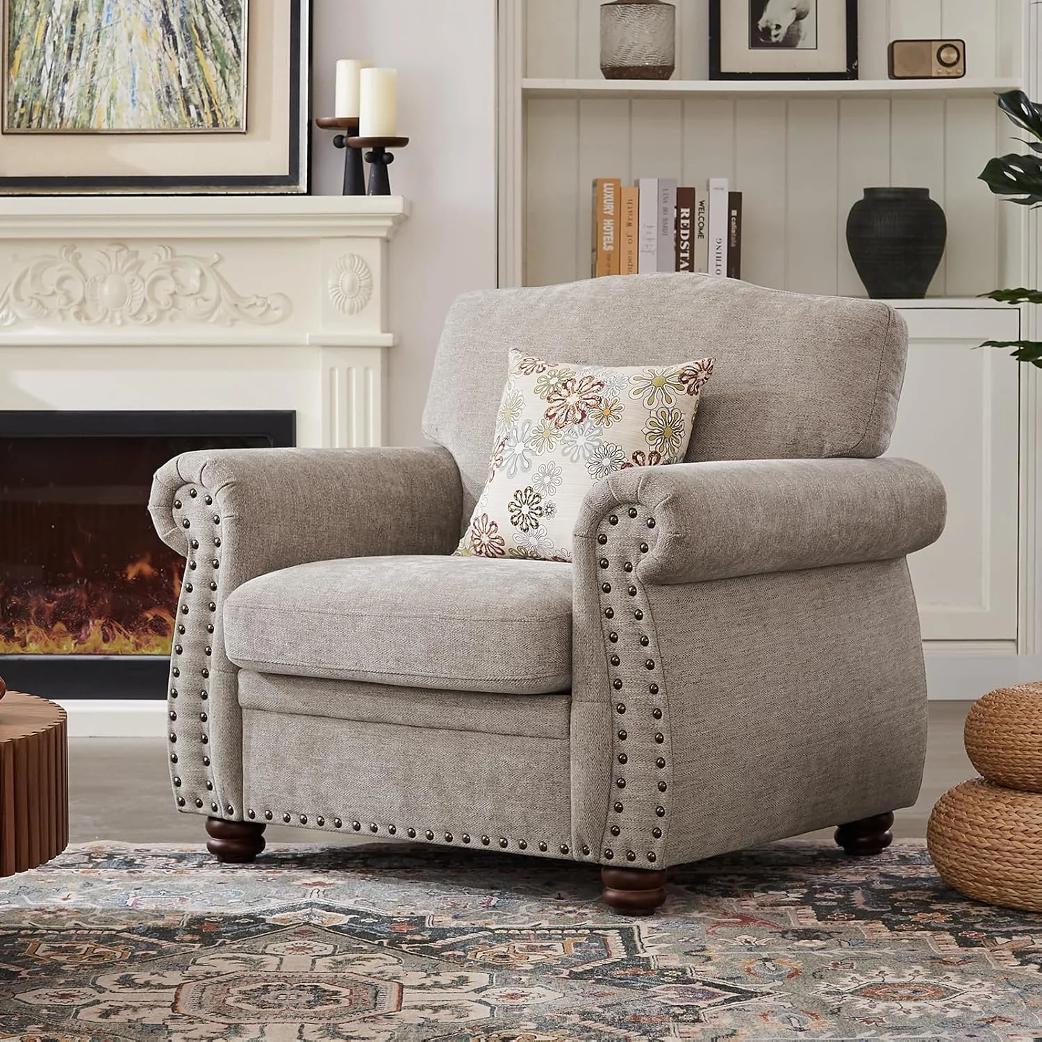 Innovative Chenille Nailhead Trim Armchair Rolled Arm Accent Chair with Springs Cushions and Wood LegsChenille Nailhead Trim Armchair Rolled Arm Accent Chair with Springs Cushions and Wood Legs Stylish