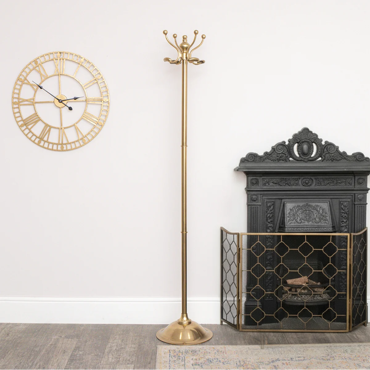 Versatile Tall Shiny Antique Gold Metal Coat Rack with 8 Storage Hooks Pure