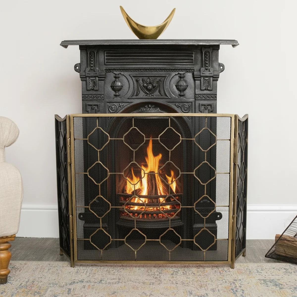 Genuine Antique Gold Geometric Detailed Metal Fire Screen – 106cm x 62.5cm Traditional
