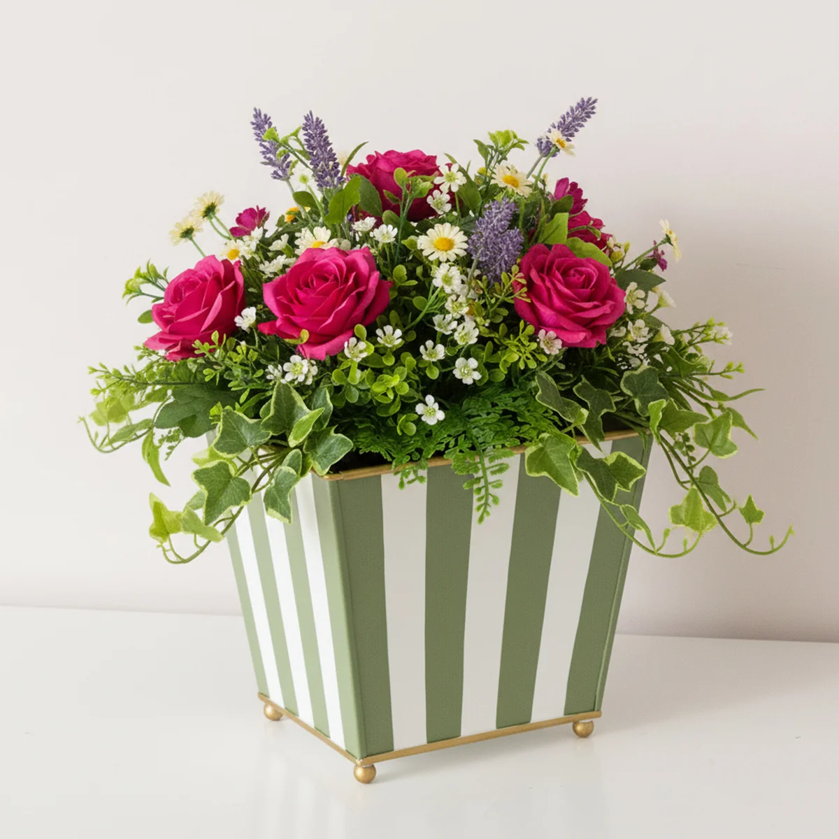 Enhanced Green White Striped Metal Planter Pot with Gold Feet – 17cm x 16.5cm Proven