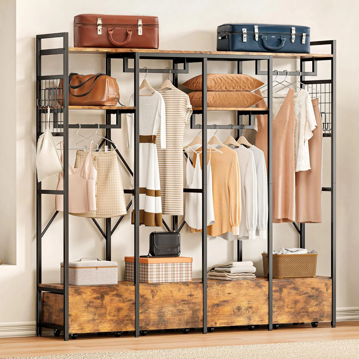 Traditional standing Garment Rack with 4 Wooden Drawers Hanging Rods and Storage Shelves Heavy Duty Closet Wardrobe Rack Industrial Vintage Brownstanding Garment Rack with 4 Wooden Drawers Hanging Rods and Storage Shelves Heavy Duty Closet Wardrobe Rack Industrial Vintage Brown Specialty