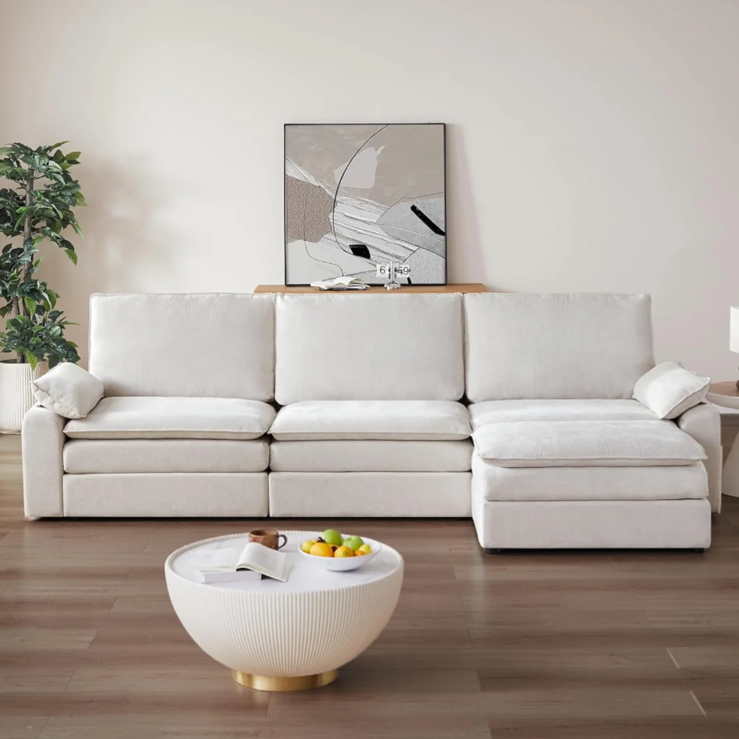 Fashionable 119 Inch Oversized Modern Modular Sectional Sofa with Coffee Table Ottoman 4 Seater L-Shaped Chenille Cloud Couch with Dual Charging Ports119 Inch Oversized Modern Modular Sectional Sofa with Coffee Table Ottoman 4 Seater L-Shaped Chenille Cloud Couch with Dual Charging Ports Stylish