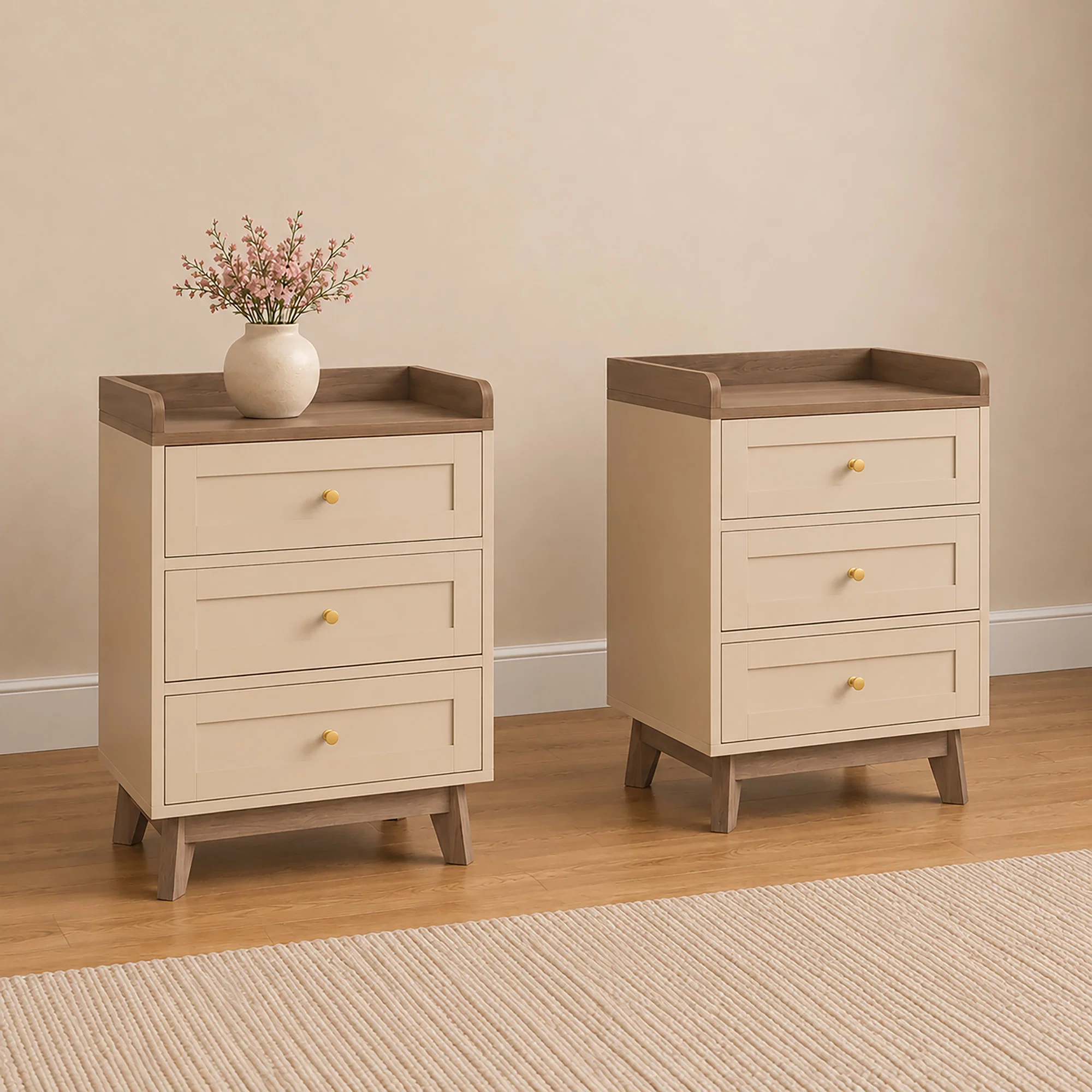 Detailed Pair of Cream Wood 3 Drawer Bedside Tables – Oswin Range Green