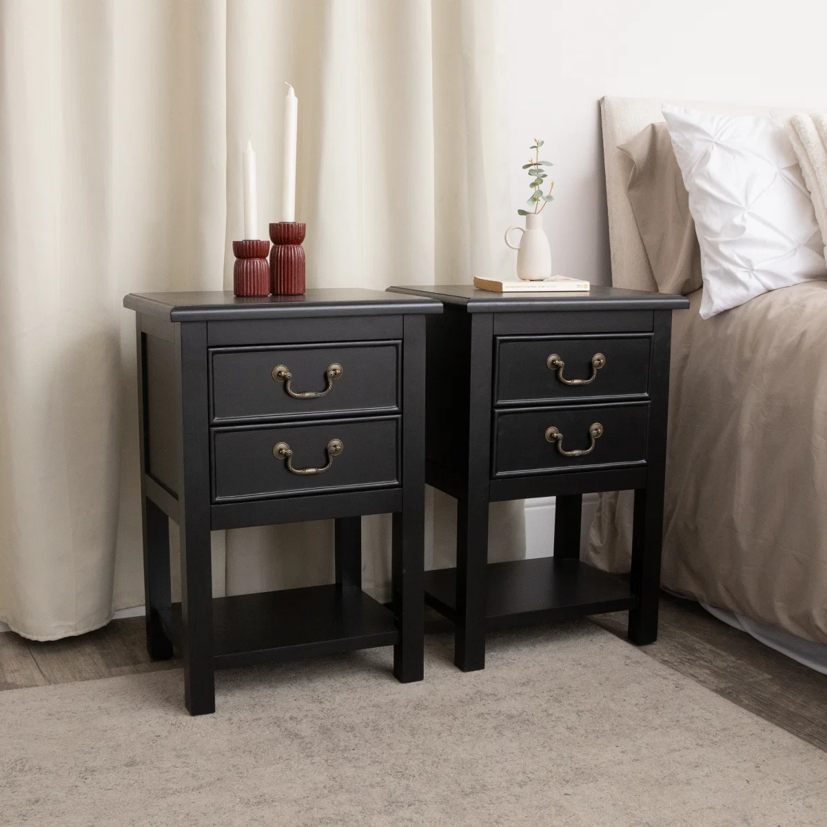 Convenient Set Of 2 Black 2 Drawer Bedside Tables with Shelf – Briggs Range Luxury