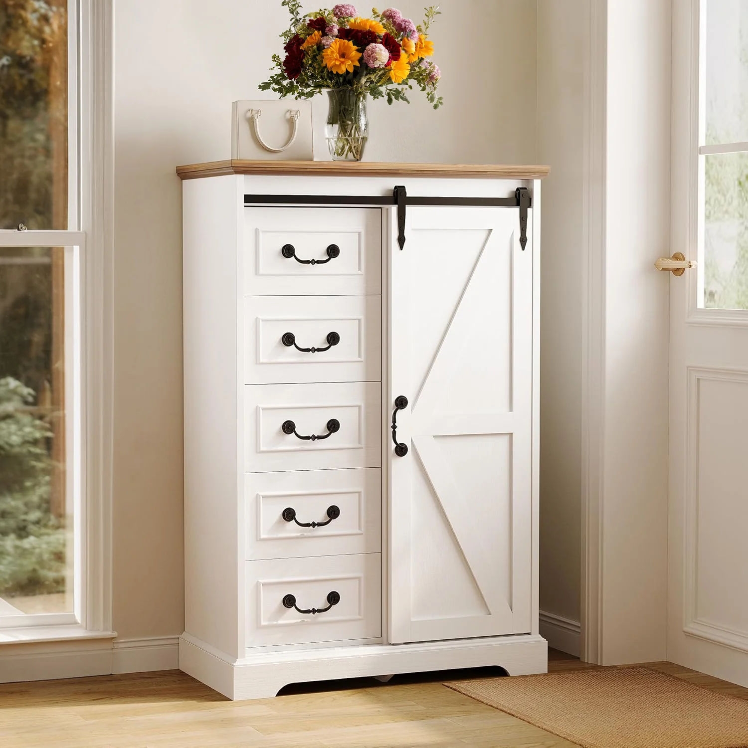 World-Class 5 Drawer Dresser for Bedroom 48 Tall Dresser Chest of Drawers Dresser Storage Cabinet with Sliding Barn Doors5 Drawer Dresser for Bedroom 48 Tall Dresser Chest of Drawers Dresser Storage Cabinet with Sliding Barn Doors Certified
