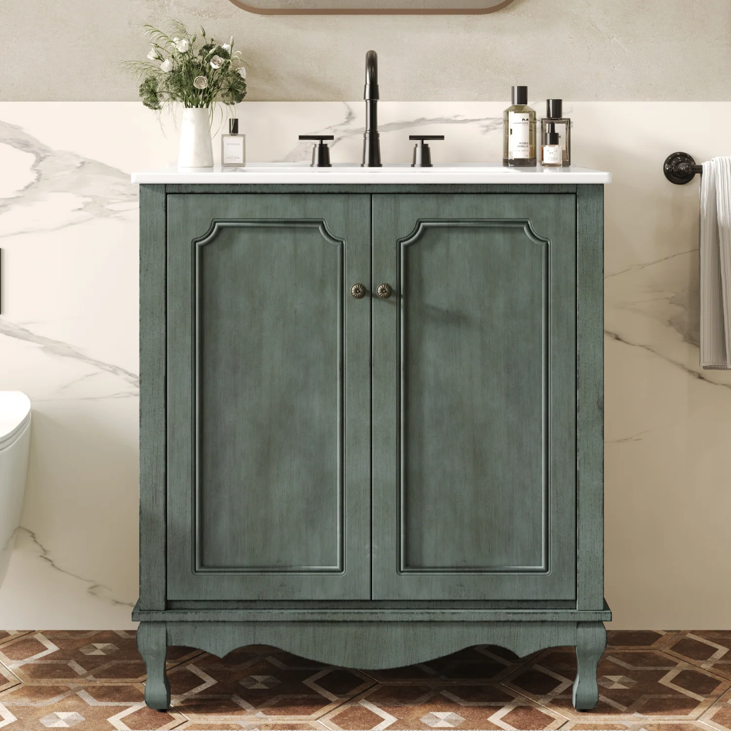 Expertly Made Bathroom Vanity 30 Bathroom Vanity Cabinet with Rectangle Ceramic Sink with Antique Handles Bathroom Storage Cabinet with Rubber Wood Legs and Adjustable shelvesBathroom Vanity 30 Bathroom Vanity Cabinet with Rectangle Ceramic Sink with Antique Handles Bathroom Storage Cabinet with Rubber Wood Legs and Adjustable shelves Clean