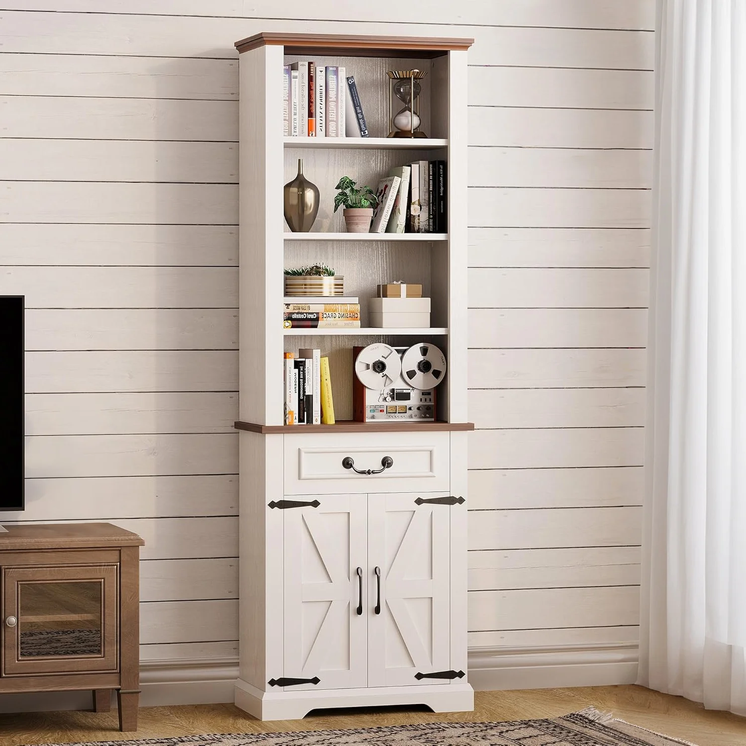 Sustainable 72 Bookshelf Sideboard with Storage Cabinet Tall Farmhouse Bookcase 4 Tier Open Shelf Bookcase with Adjustable Shelves Drawer LED Lights72 Bookshelf Sideboard with Storage Cabinet Tall Farmhouse Bookcase 4 Tier Open Shelf Bookcase with Adjustable Shelves Drawer LED Lights Unique