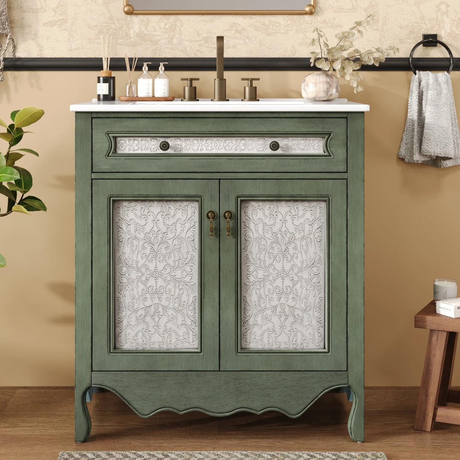 Practical Antique Pattern Bathroom Vanity 30 Bathroom Vanity Cabinet with Rectangle Ceramic Sink Flip-Out Drawer Equipped Antique Handles Rubber Wood legs Discontinued Antique Pattern Bathroom Vanity 30 Bathroom Vanity Cabinet with Rectangle Ceramic Sink Flip-Out Drawer Equipped Antique Handles Rubber Wood legs Discontinued Professional