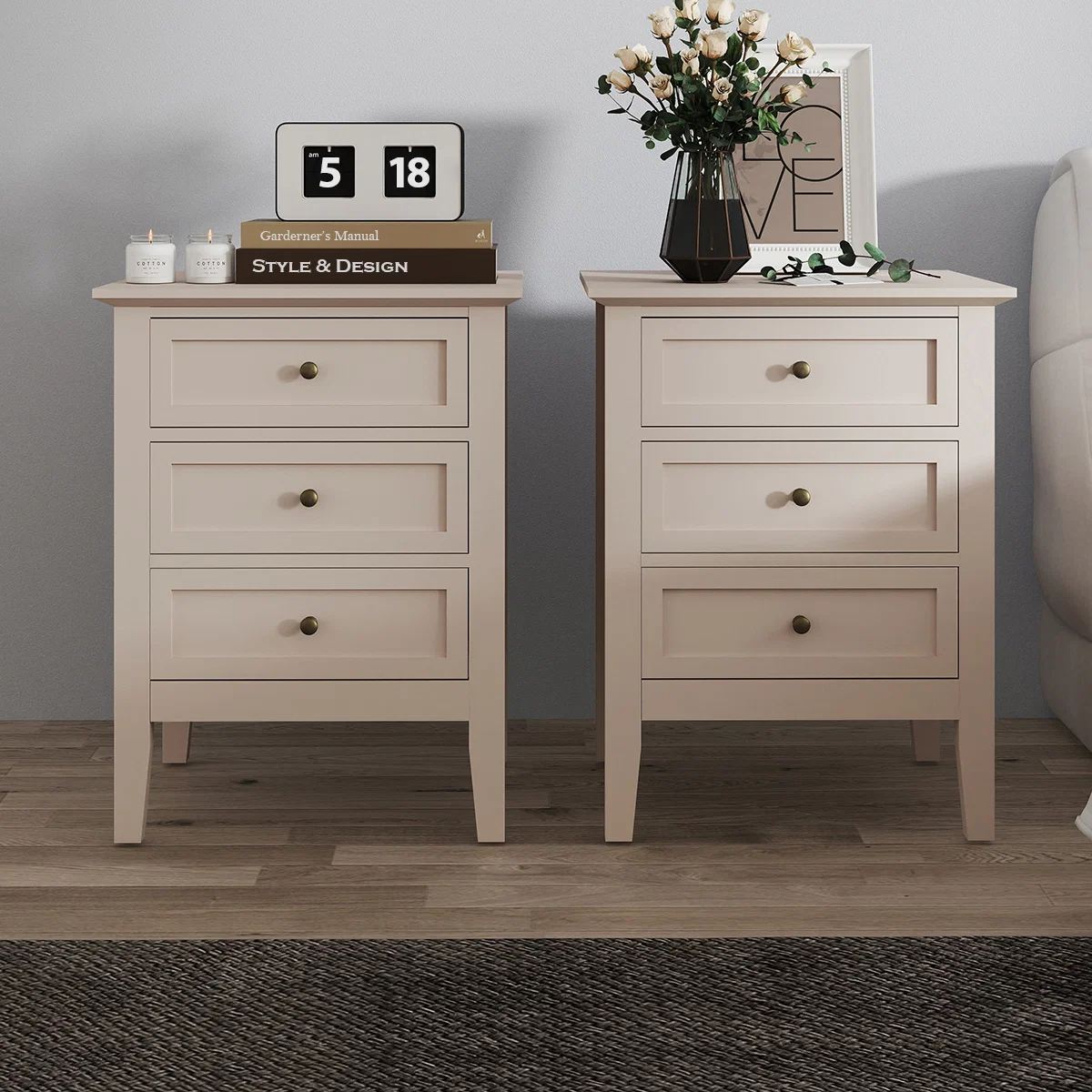 Green Pair of 3 Drawer Bedside Tables – Rowley Taupe Grey Range Classic