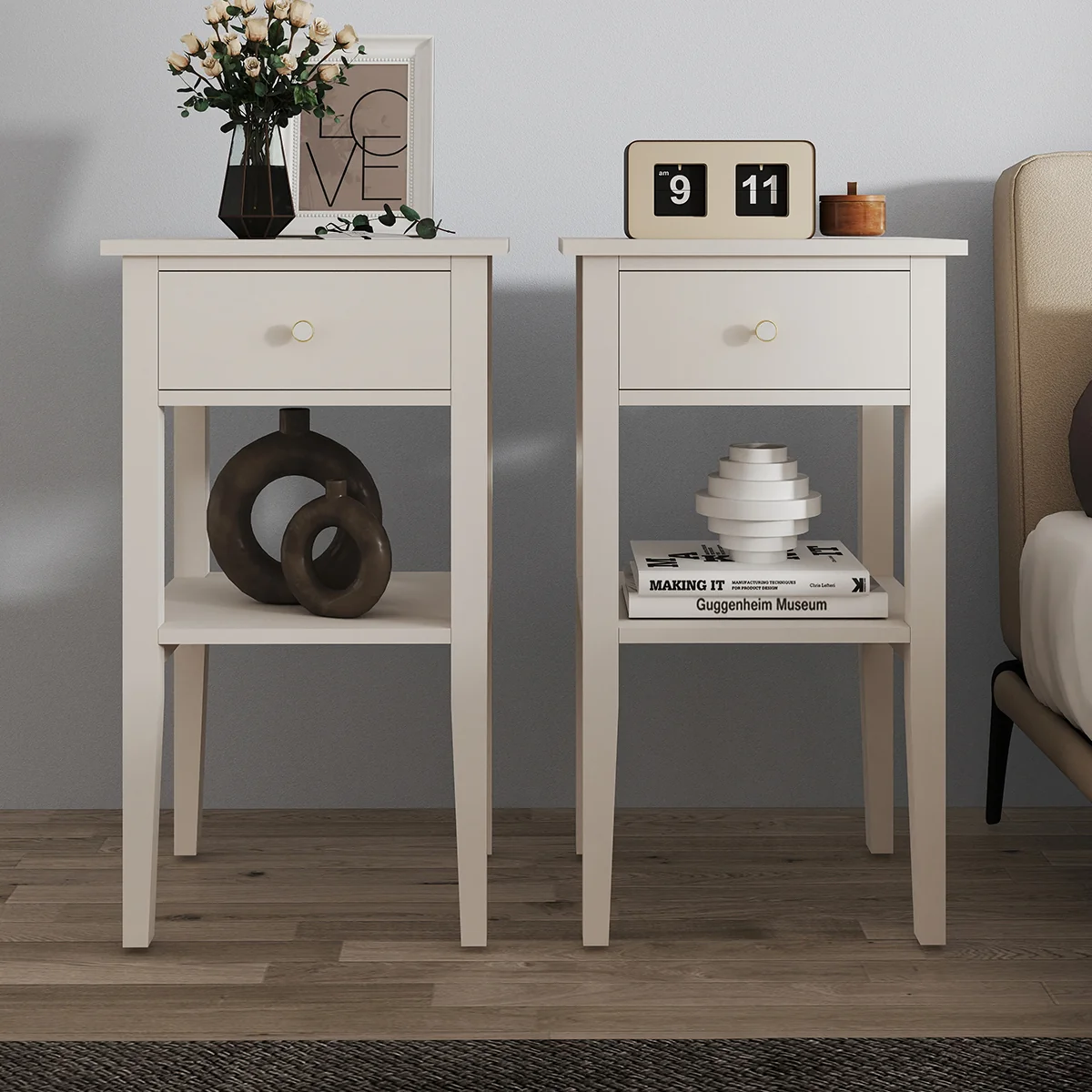 Comfortable Pair of One Drawer Bedside Table – Abbey Pale Ivory Range Reliable
