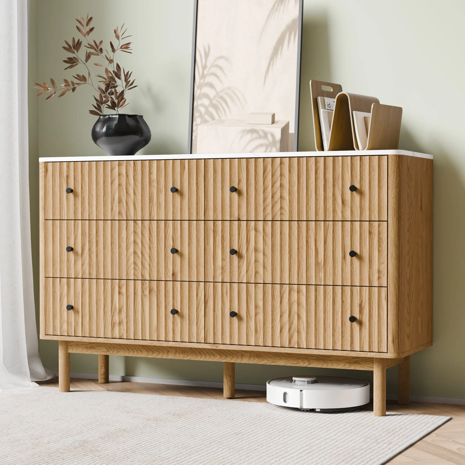 Smooth 6 Drawer Dresser Wood Storage Cabinet 54 Wide Fluted Chest of Drawers with Faux Marble Top6 Drawer Dresser Wood Storage Cabinet 54 Wide Fluted Chest of Drawers with Faux Marble Top Traditional