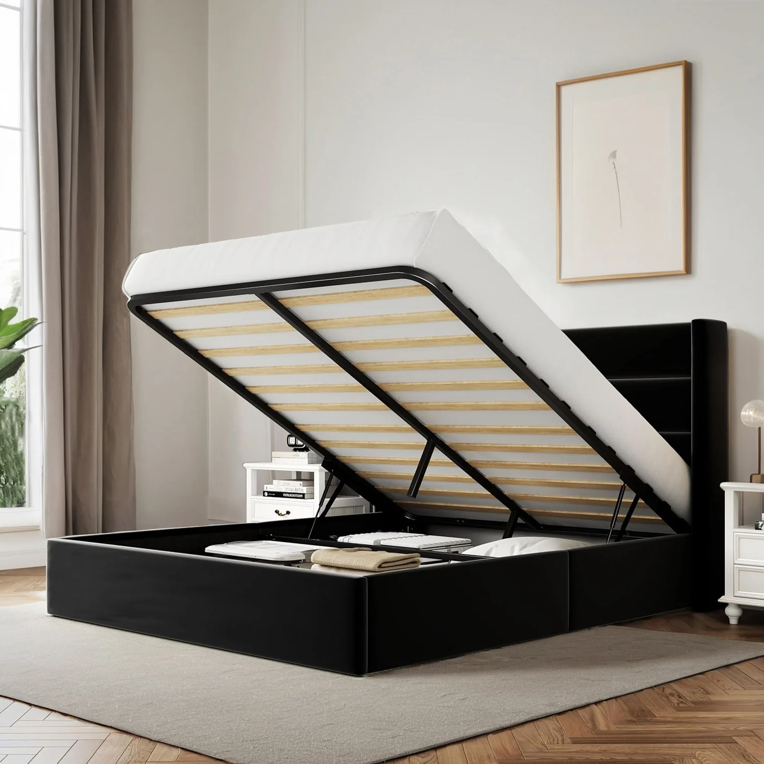 Sophisticated Velvet Lift Up Storage Bed with Modern Wingback Headboard Hydraulic Support No Box Spring NeededVelvet Lift Up Storage Bed with Modern Wingback Headboard Hydraulic Support No Box Spring Needed Recyclable
