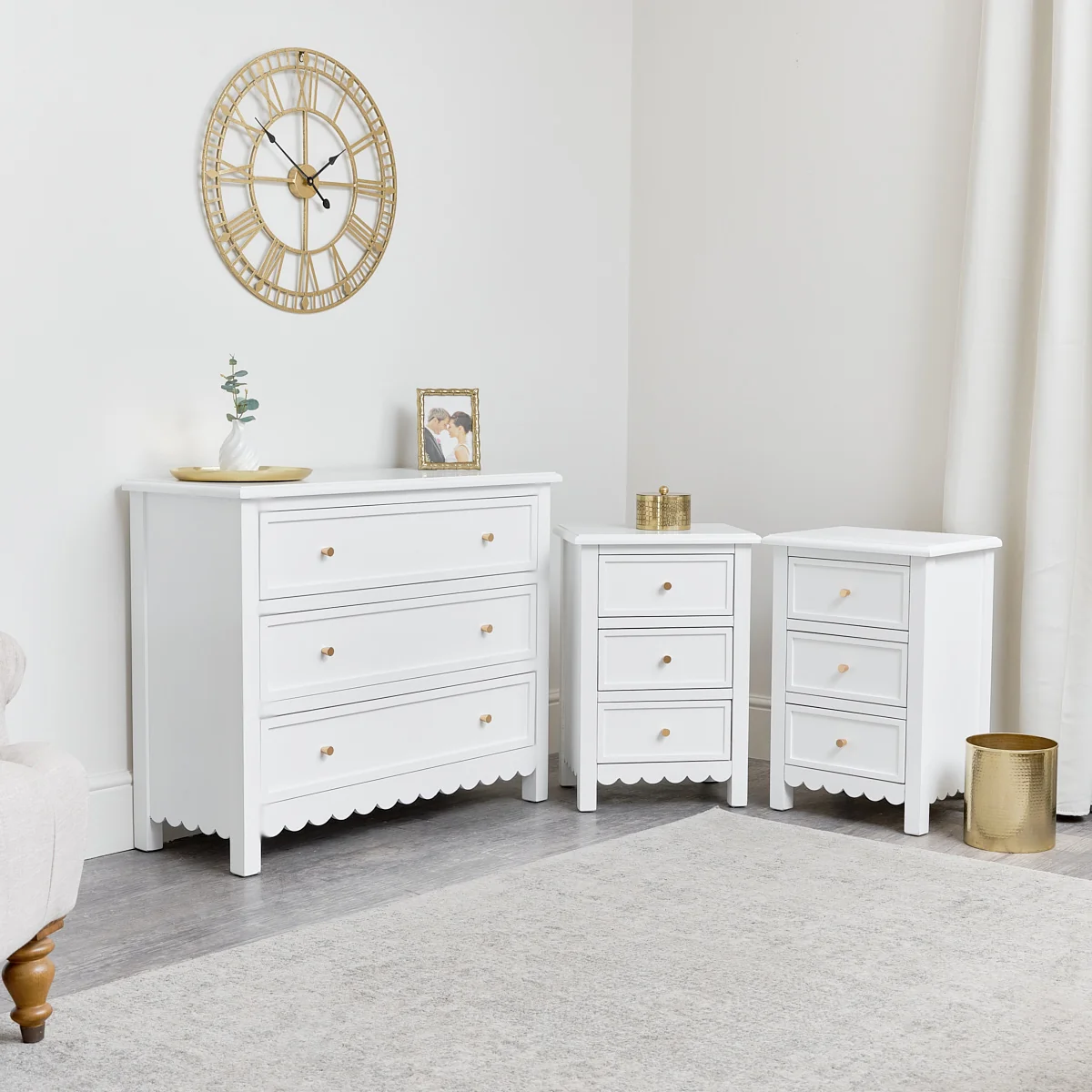 Premium Material Large Scalloped 3 Drawer Chest of Drawers Pair of Bedside Tables – Staunton White Range Eco-Friendly
