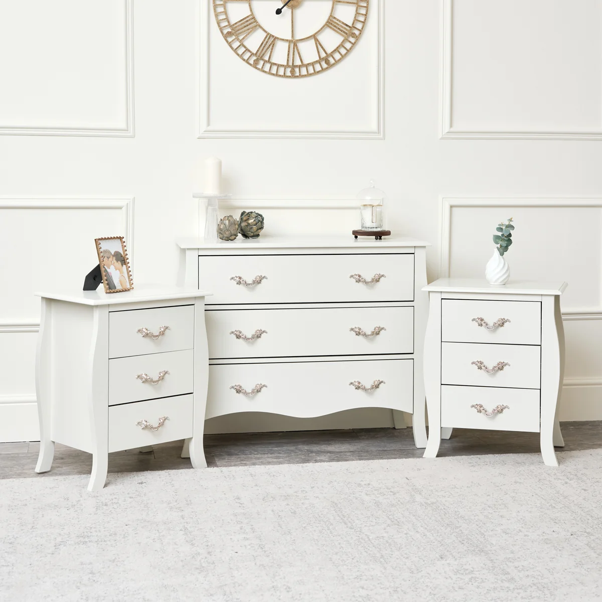 Original Design Large 3 Drawer Chest of Drawers Pair of Bedside Tables – Elizabeth Ivory Range Genuine