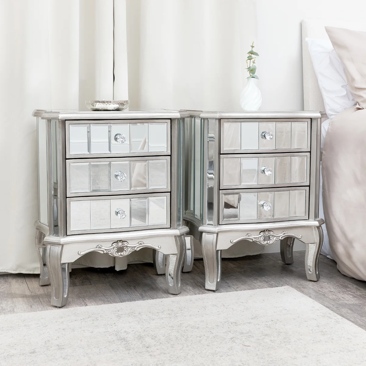 Eco-Friendly Pair of Mirrored Bedside Tables – Tiffany Range Casual