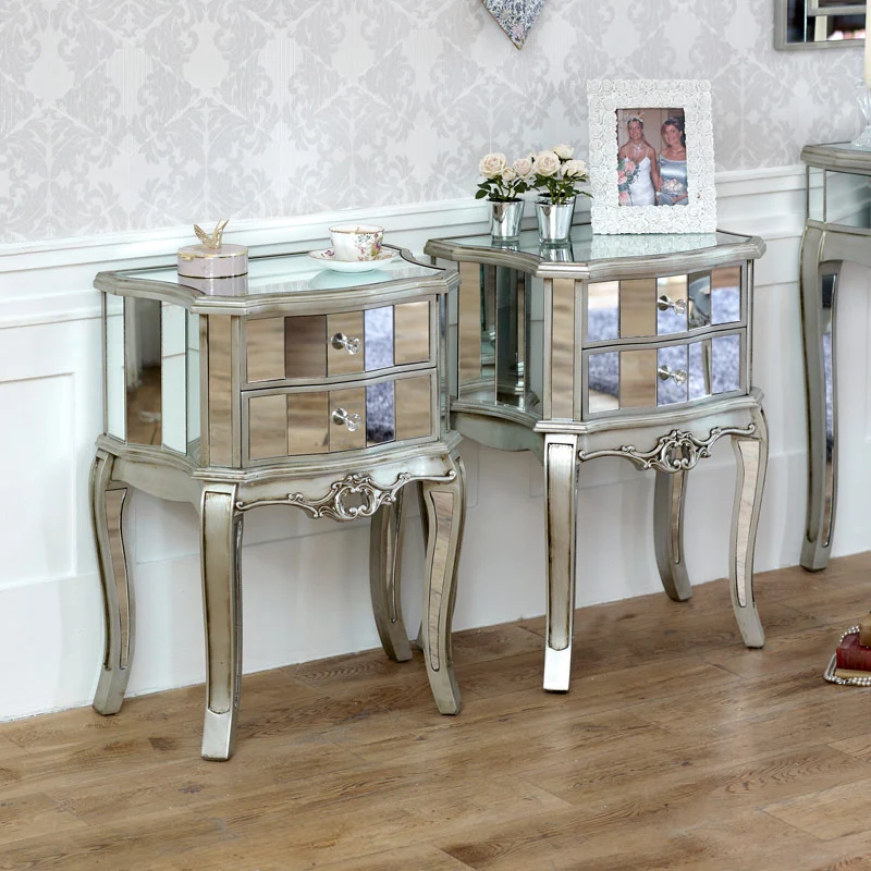 Fine Crafted Pair of Mirrored 2 Drawer Bedside Tables – Tiffany Range Natural
