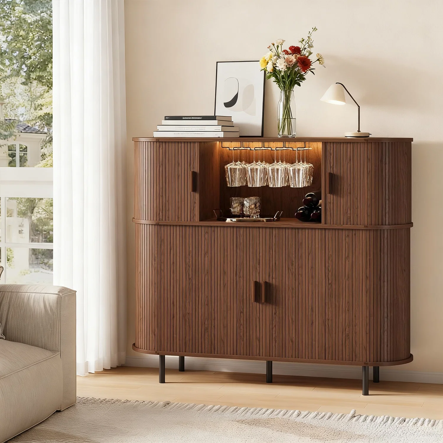 Fine Wine Bar Cabinet with LED Lights Liquor Cabinet with Charging Station Detachable Wine Rack and Glass HolderWine Bar Cabinet with LED Lights Liquor Cabinet with Charging Station Detachable Wine Rack and Glass Holder Responsible