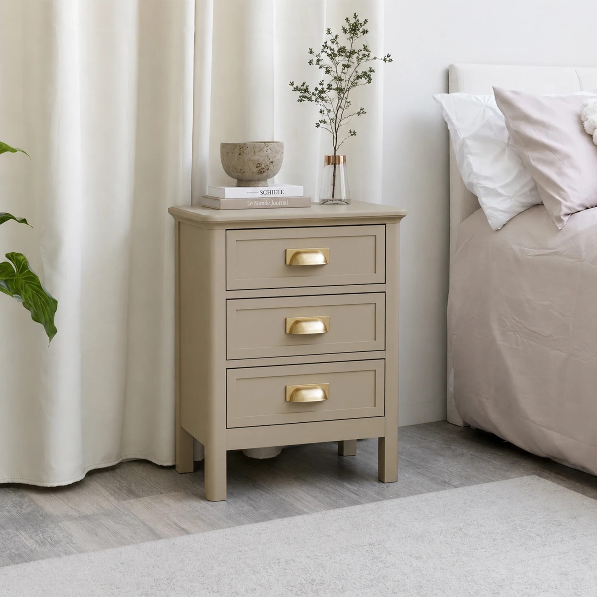 Lightweight 3 Drawer Bedside Table – Lawrence Taupe Range Modern