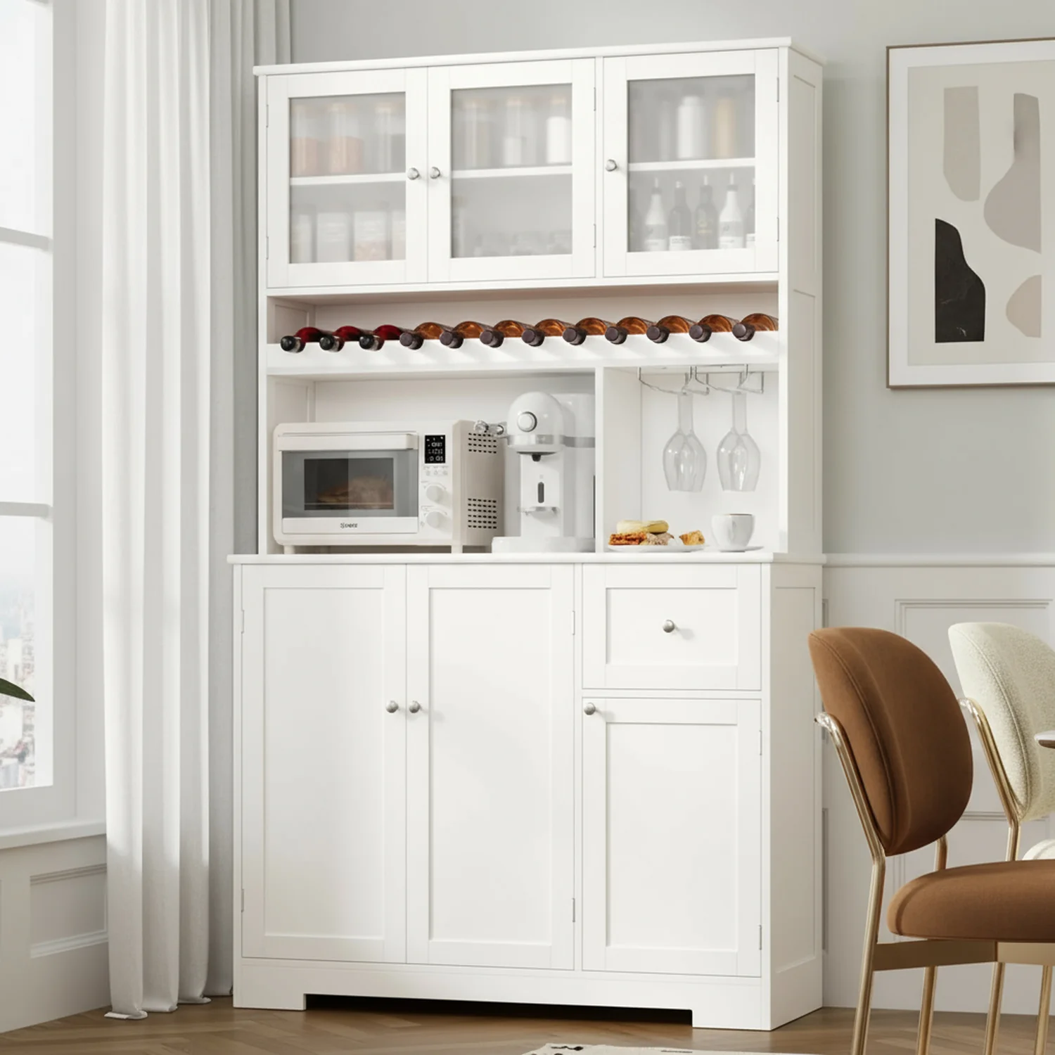 Soft 71 Kitchen Pantry Storage Cabinet with Coffee Bar Wine Rack White Hutch with Shelves and Microwave Stand71 Kitchen Pantry Storage Cabinet with Coffee Bar Wine Rack White Hutch with Shelves and Microwave Stand Innovative