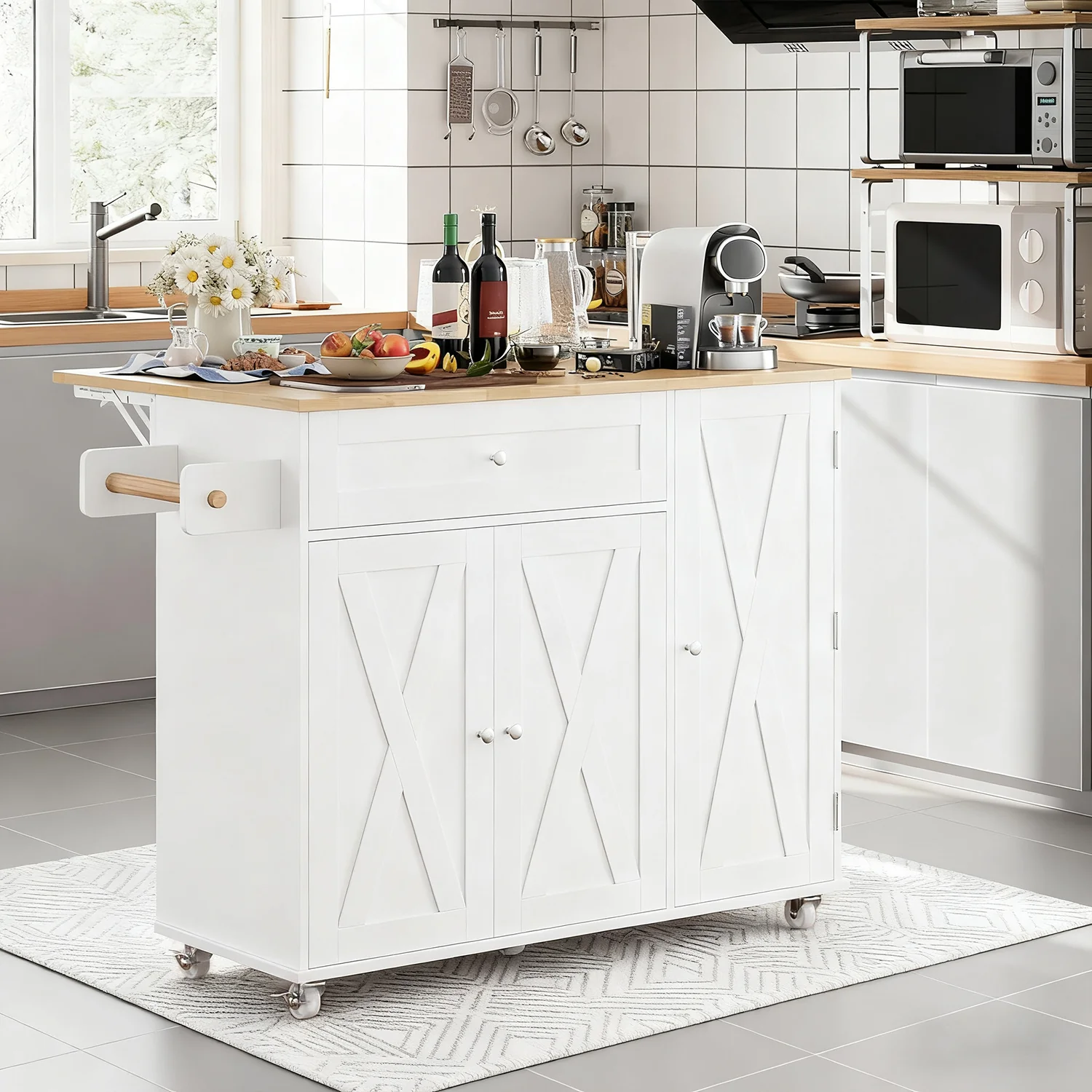 Secure Rolling Kitchen Island Cart with Drop Leaf Solid Rubber Wood Top Storage Cabinet Drawer Spice Rack Mobile Kitchen Table for Small SpacesRolling Kitchen Island Cart with Drop Leaf Solid Rubber Wood Top Storage Cabinet Drawer Spice Rack Mobile Kitchen Table for Small Spaces Selected