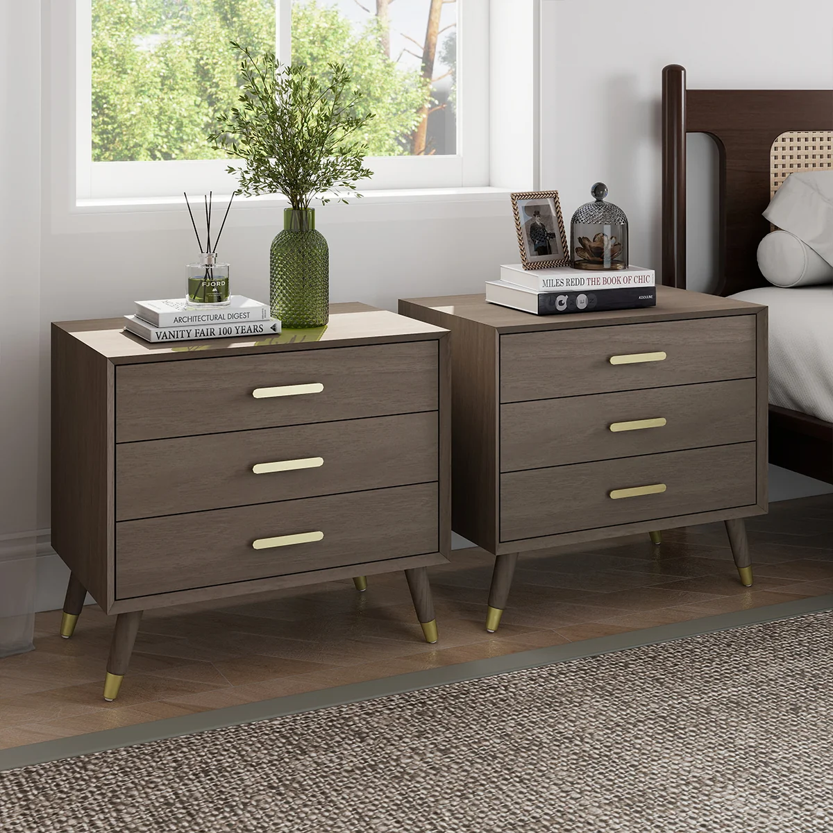 High-End Pair of Large 3 Drawer Bedside Tables – Oslo Dark Wood Range Next-Generation