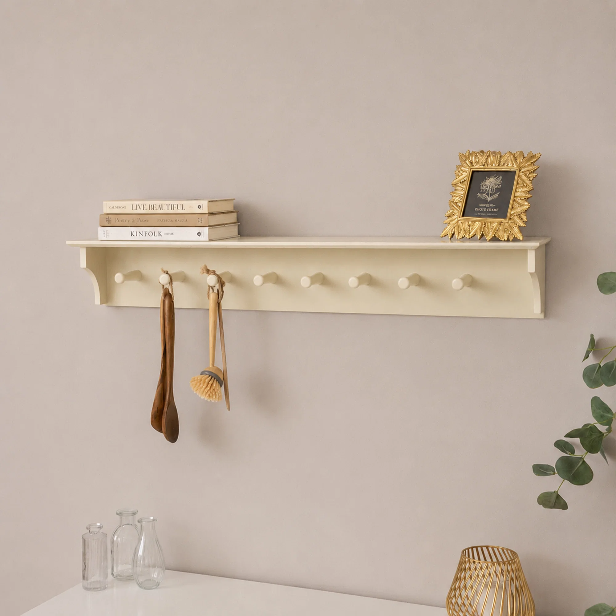 Environmentally Friendly Large Ivory Wooden Wall Shelf with Hooks – 100cm Responsible