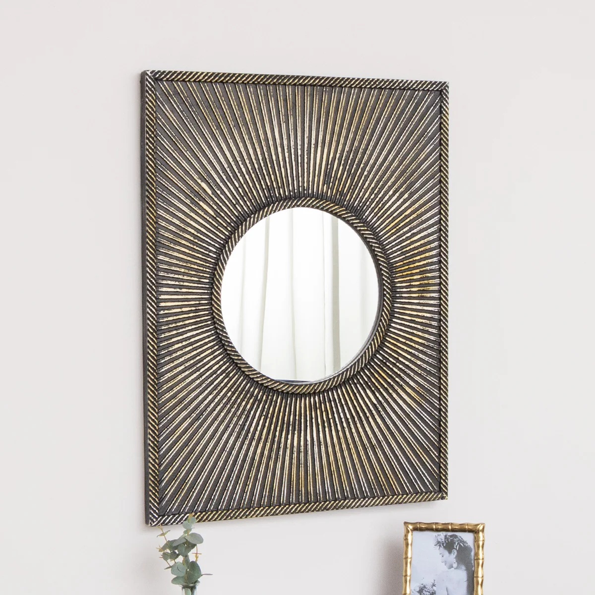 Premium Material Distressed Black Rectangular Wooden Sunburst Wall Mirror – 60cm x 80cm Premium