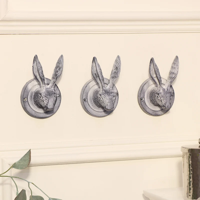 Crafted Set of 3 Grey Hare Head Coat Hooks Certified