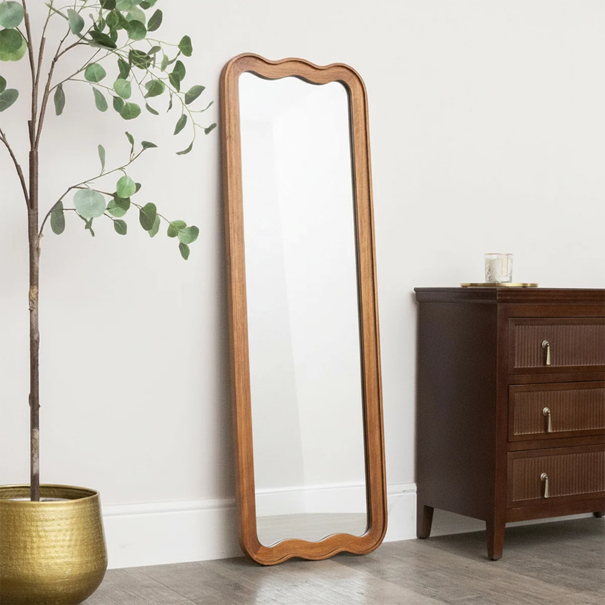 Selected Natural Wood Wavy Edge Full Length Wall Leaner Mirror – 47cm x 142cm Fine Crafted
