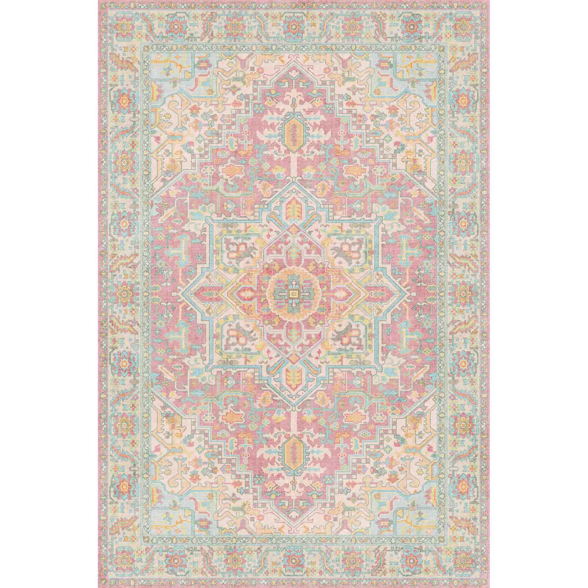 Smooth Light Pink Washable Area Rug with Vintage Medallion Pattern Low-Pile Non-Slip Rug for Living Room or NurseryLight Pink Washable Area Rug with Vintage Medallion Pattern Low-Pile Non-Slip Rug for Living Room or Nursery Optimized