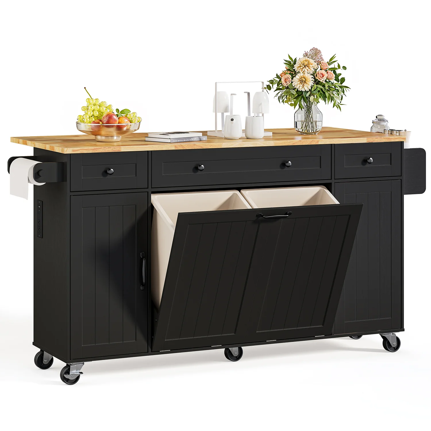 Dependable Kitchen Island with Double Tilt Out Trash Bins 69.3” Rolling Kitchen Cart with Drop Leaf Drawers Power OutletKitchen Island with Double Tilt Out Trash Bins 69.3” Rolling Kitchen Cart with Drop Leaf Drawers Power Outlet User-Friendly