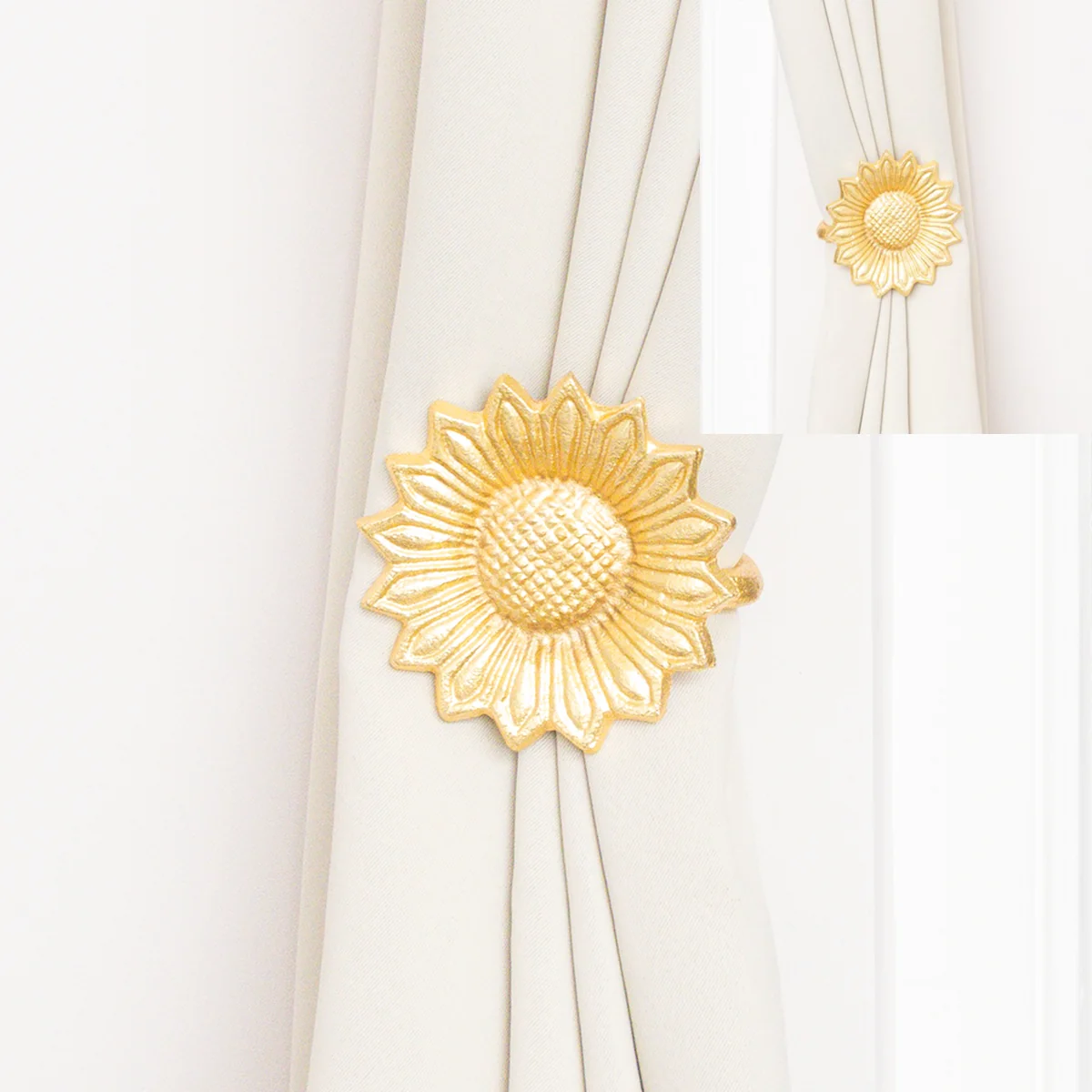 Safe Set of 2 Gold Metal Sunflower Wall Mounted Tie Backs Quality