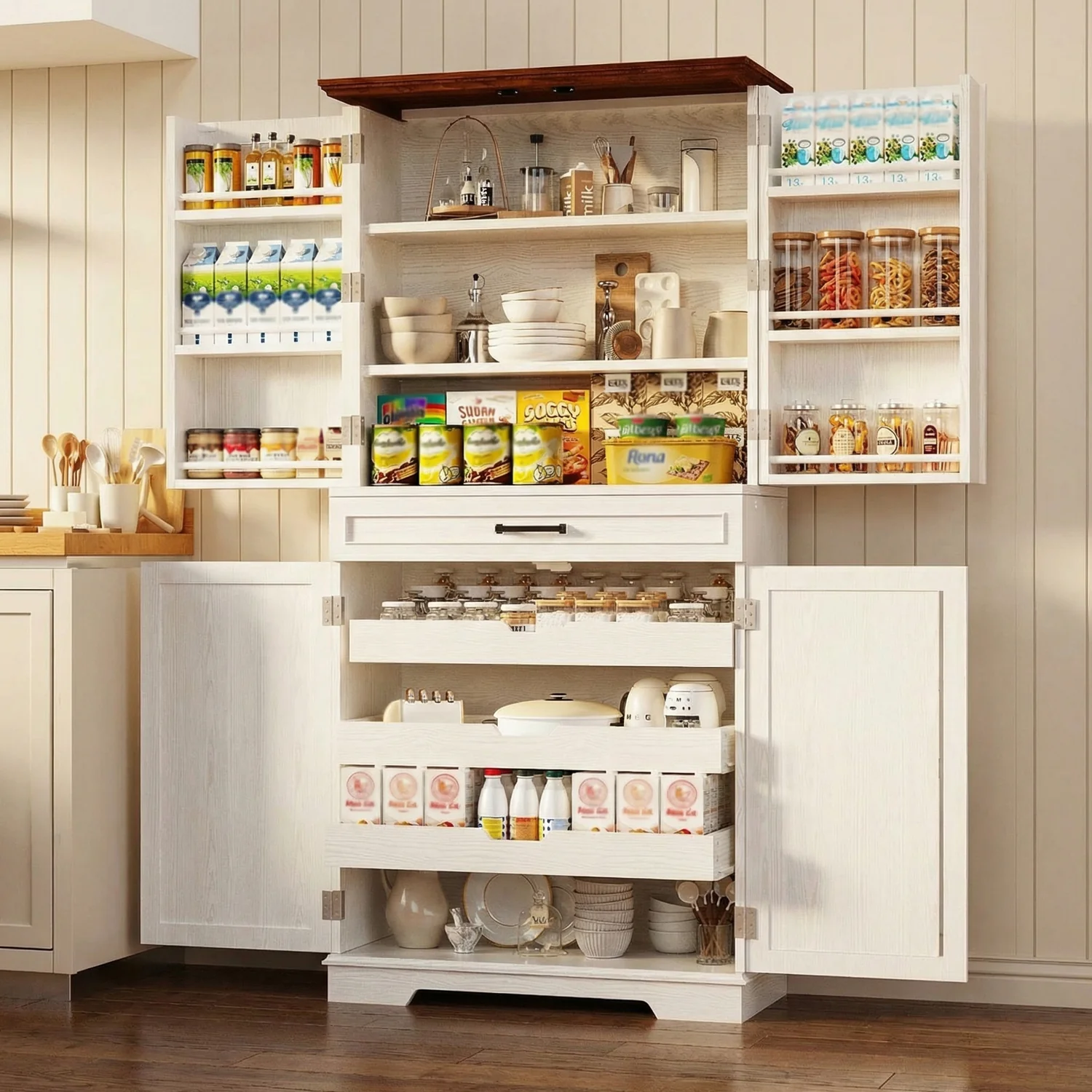 Official 72 Farmhouse Kitchen Pantry Cabinet Tall standing Cupboard with Sliding Storage Rack 6 Hanging Shelves72 Farmhouse Kitchen Pantry Cabinet Tall standing Cupboard with Sliding Storage Rack 6 Hanging Shelves Effective