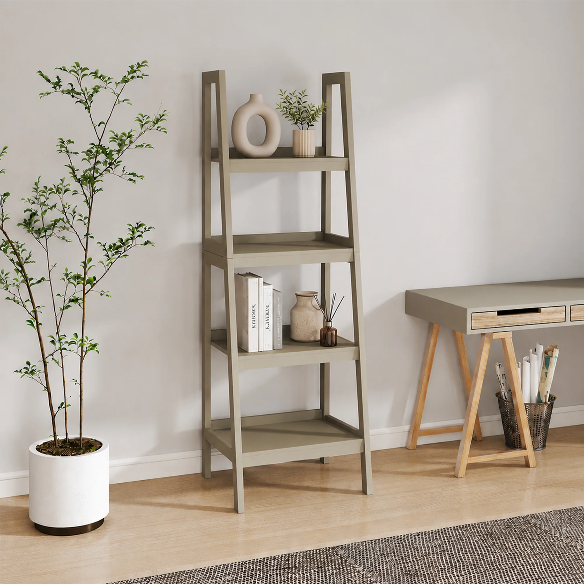 Reliable Mid-Century Style 4 Tier Taupe Painted Wooden Ladder Shelf – 178cm Top-Quality